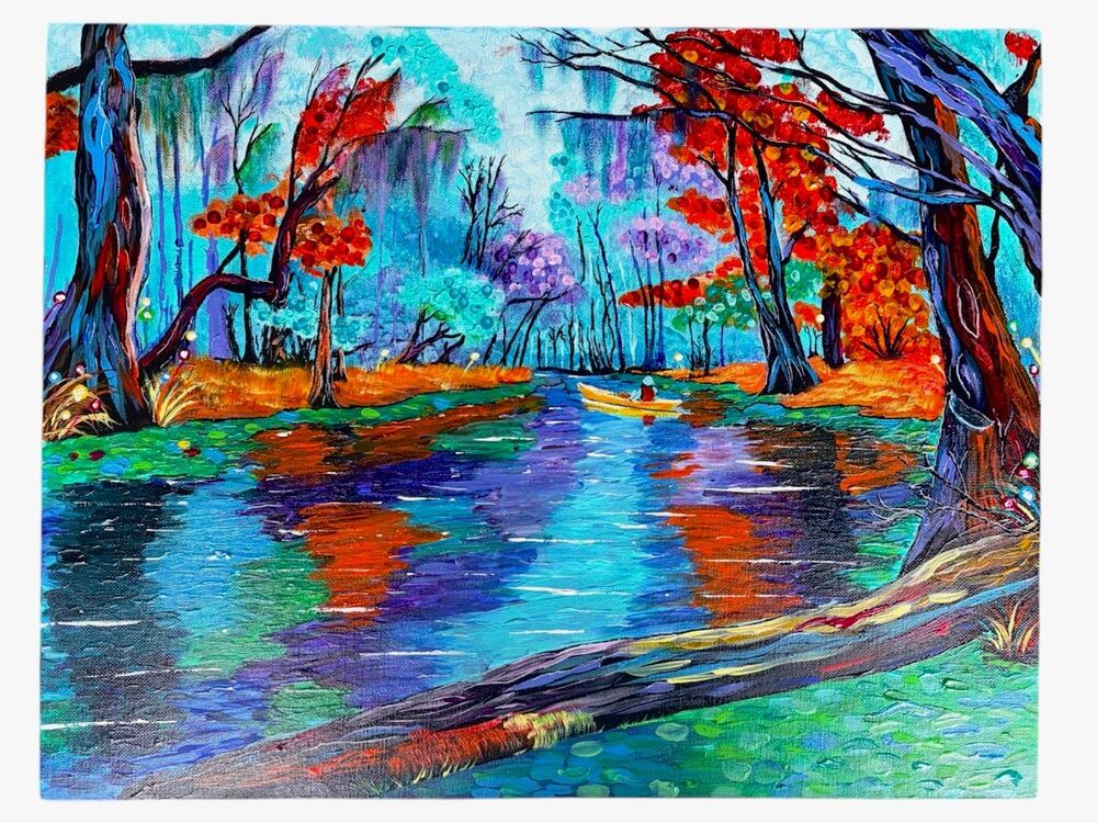 Vibrant Forest River Acrylic Painting – Original Art (14x18)